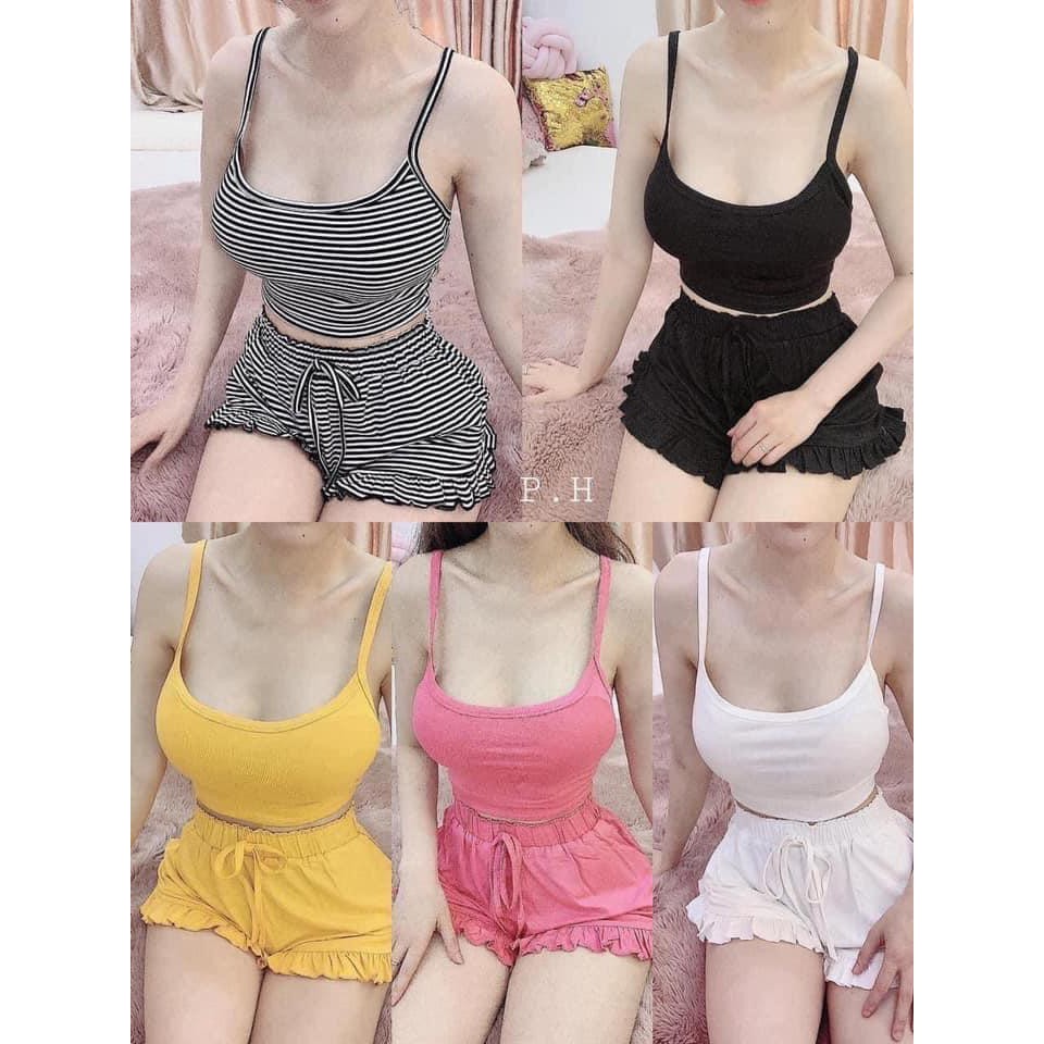 Set bộ áo 2 dây croptop quần đùi xòe ảnh thật xinh xinh