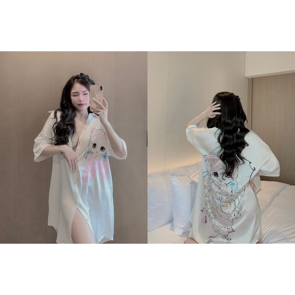 V030 Váy ngủ sơ mi lụa satin form rộng nữ sang chảnh mặc nhà pijama họa tiết Đầm bầu pizama tay ngắn cổ bẻ cài cúc