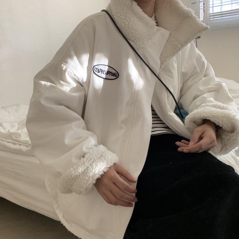 Hàng Có Sẵn Áo Khoác Đệm Cotton Giả Lông Cừu Dày Hai Mặt Giữ Ấm Mùa Thu