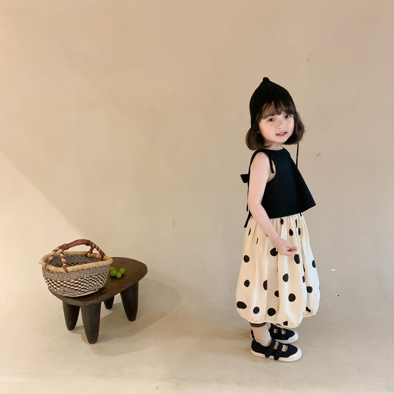 Đồ bộ bé gái, set áo croptop váy bom chấm bi phong cách Hàn Quốc trẻ em