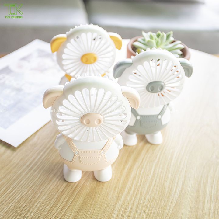 Quạt cầm tay mini hình con heo dễ thương sạc tích điện cute gió mạnh giá rẻ tốt nhất 3 in 1 có đèn led không gương