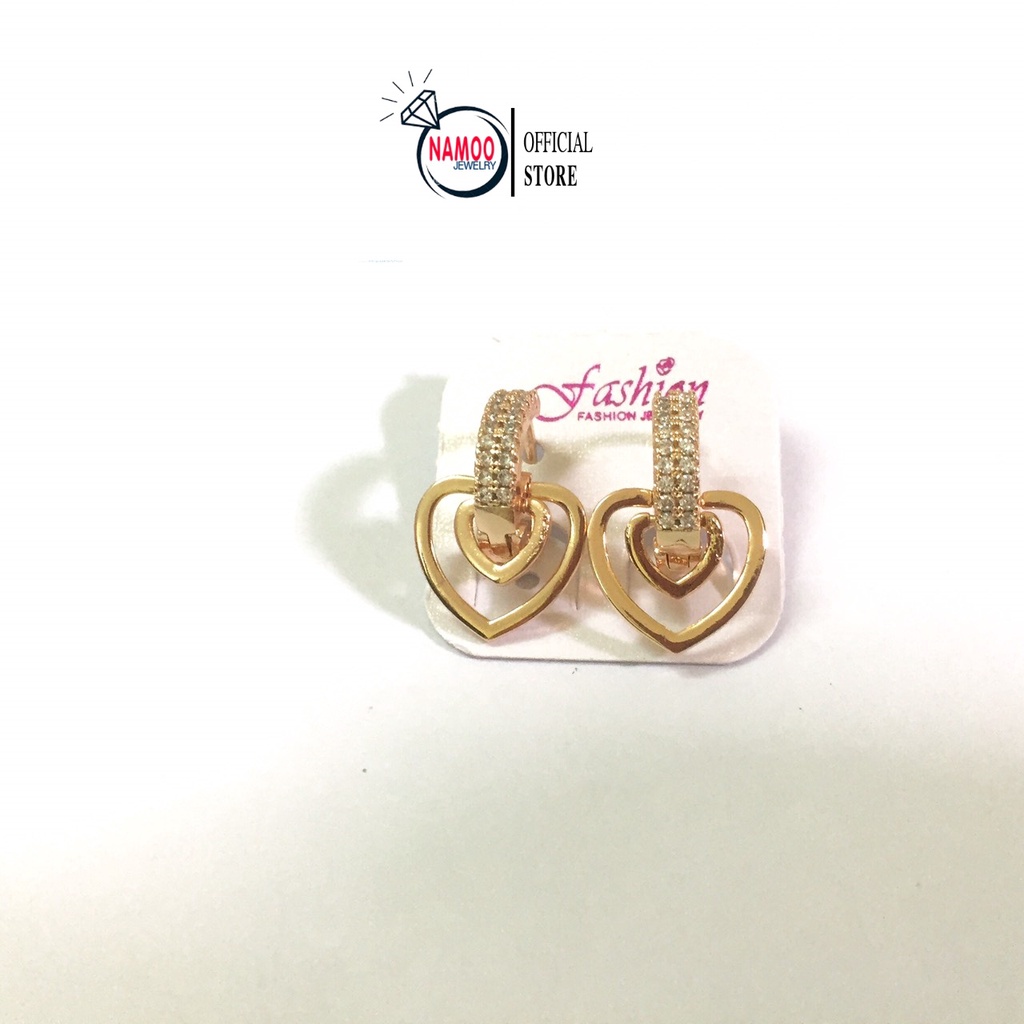 Khuyên Tai Mạ Vàng Tây T704, Hoa Tai Trái Tim Đôi Sát Tai Bền Màu Namoo Jewelry