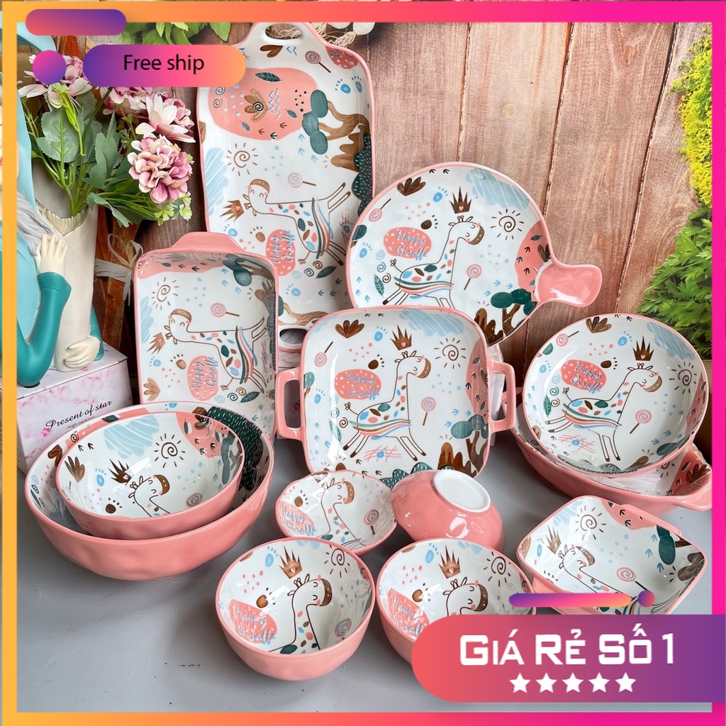 Bộ Chén Dĩa Sứ Bát Ăn Cơm Đĩa Sứ Dễ Thương Cute Bát Đĩa Hươu Hồng Decor Cao Cấp S79