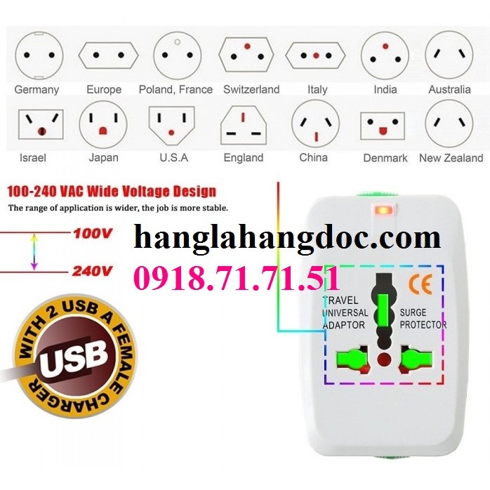 Ổ cắm đa năng du lịch (universal travel adapter) version 2 (1 cổng usb sạc)