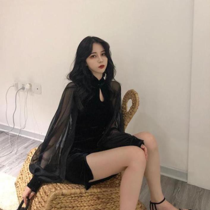 Váy sườn xám tay dài cổ đứng eo cao thiết kế hở lưng thời trang dành cho nữ