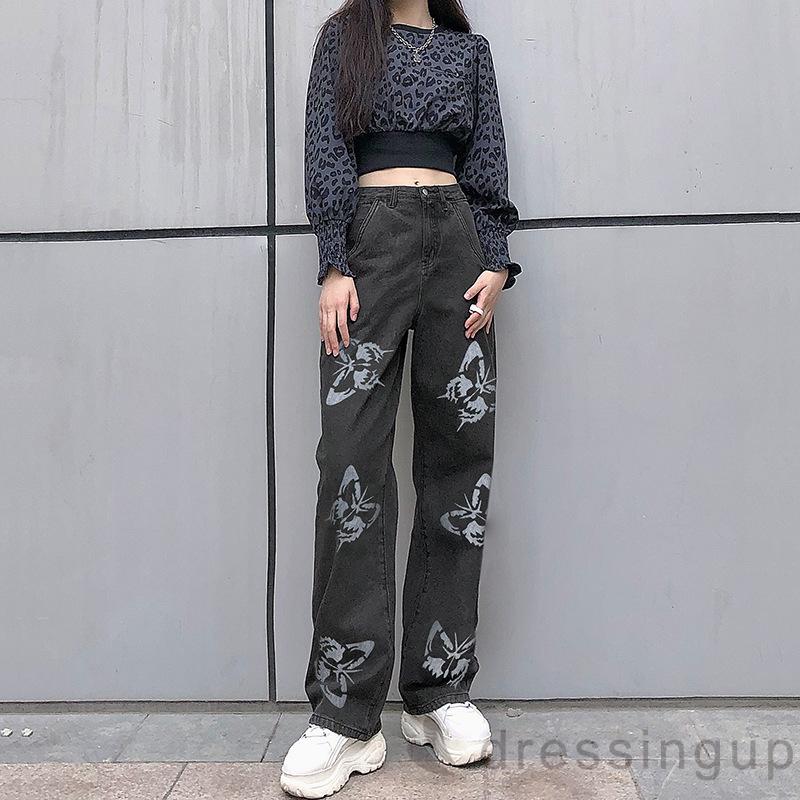 Quần Dài Ống Rộng Lưng Cao In Hình Bướm Cho Nữ