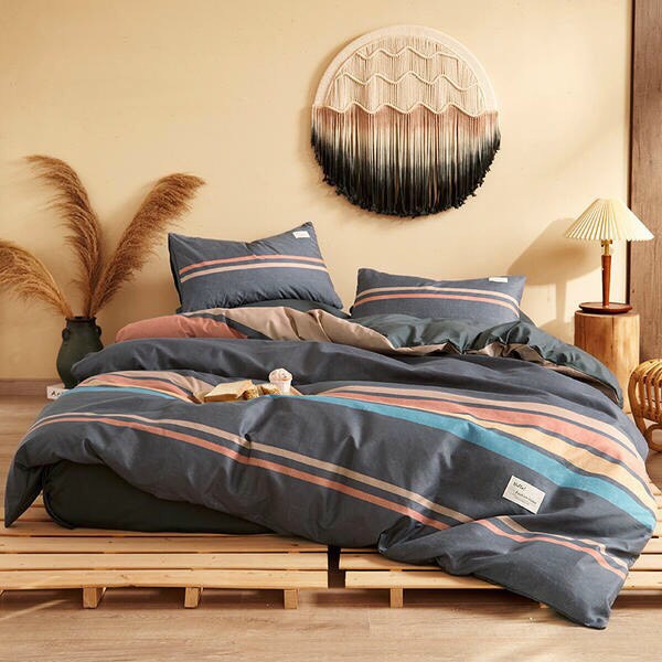 Bộ Chăn Ga Gối Cotton Tici Hoạ Tiết Kẻ Hàn Quốc Full Set 4 Món ( Vỏ Chăn Họa Tiết Kẻ Phối Màu Trơn - Ga Trơn )