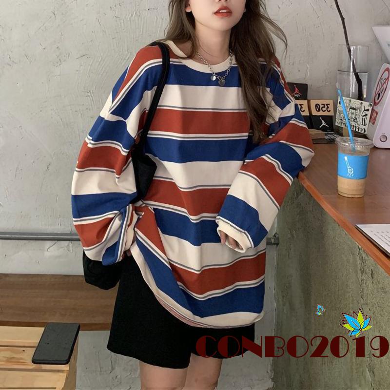 Áo Thun Tay Dài Cổ Tròn Dáng Rộng Họa Tiết Kẻ Sọc Thời Trang Cho Nữ