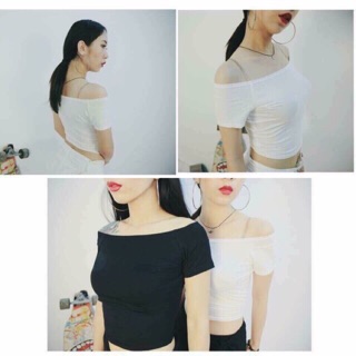 Áo Croptop Trễ Vai Tay Ngắn - Chất Thun Gân