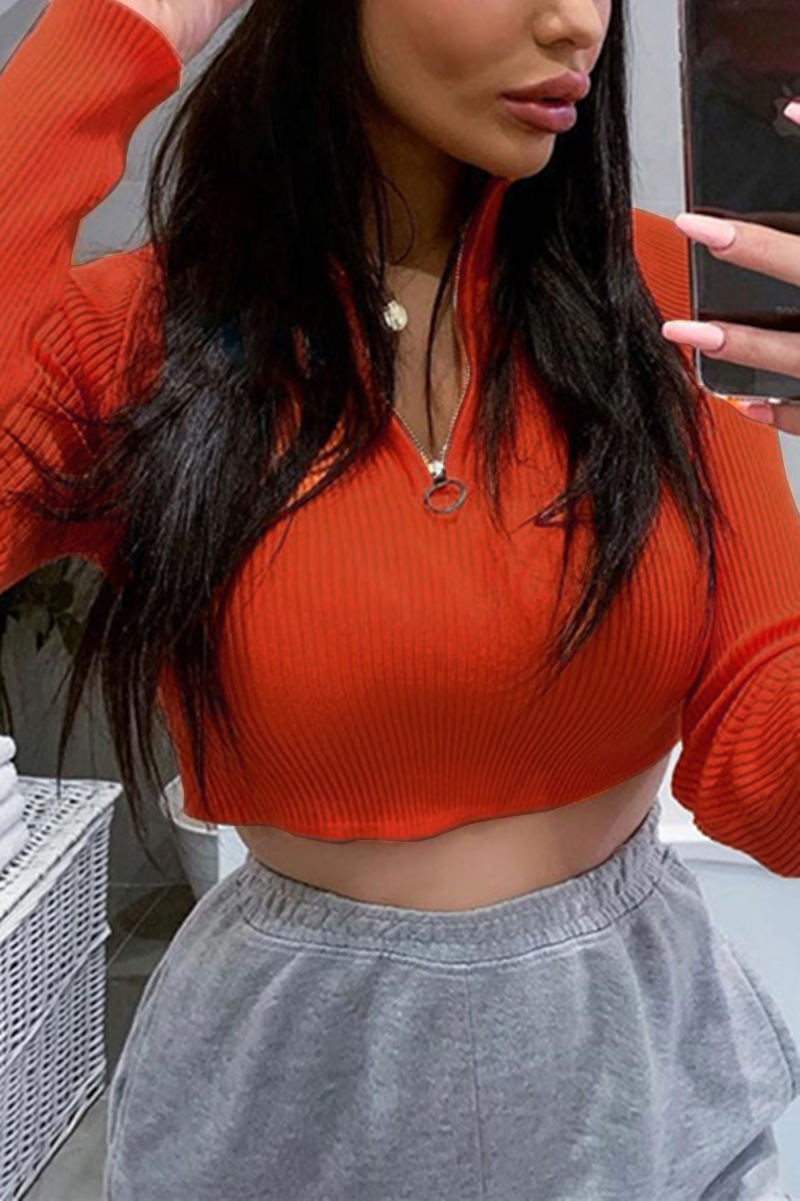 ✿☌☌Women´s Rib Knit Crop Top Long Sleeve Stand Collar Zipper Front Slim Fit Solid Color Basic Tee Shirt