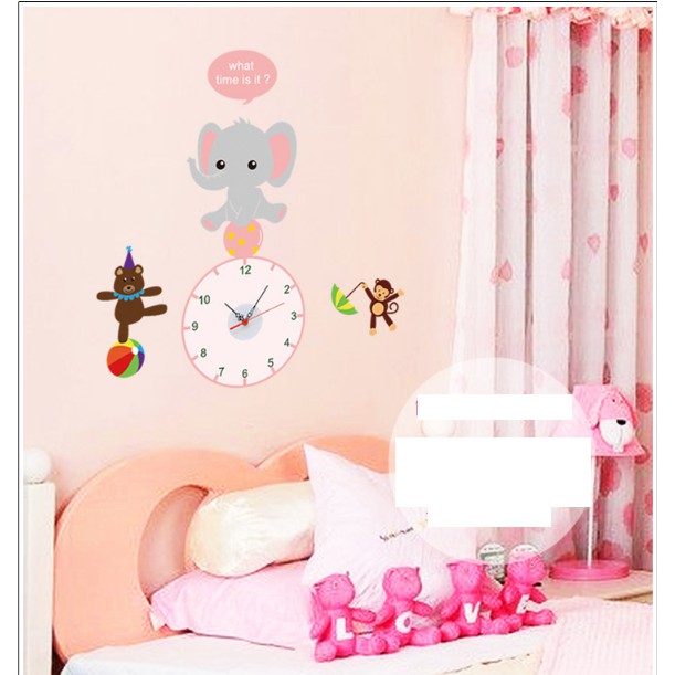 Decal Trang Trí Tường Kèm Đồng Hồ Dán Tường Voi Hồng đáng yêu ( Cao Cấp )