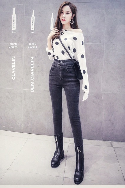 [Size 32~36] Quần Jeans Lưng Siêu Cao 2 Nút - Tôn Chân Dài Giấu Bụng SIZE ĐẠI TO/ Co Giãn Mạnh - Xám Tây