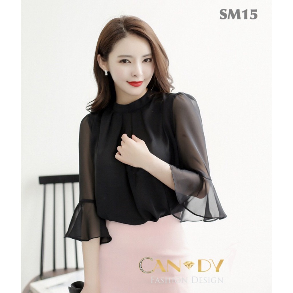 [Mã FAMARAL1 giảm 10K đơn 50K] Áo sơ mi nữ kiểu công sở tay voan ống loe cách điệu SM15 Candy Fashion