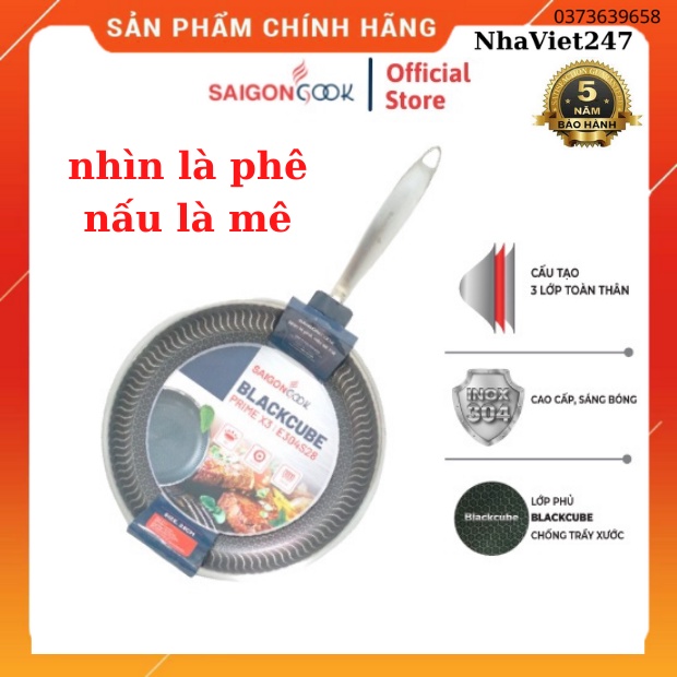 Chảo chống dính Saigoncook Blackcube Prime X3-inox 304-Cạn lòng-cao cấp-đun bếp từ-siêu bền đẹp,giá rẻ-chính hãng-bh 5n