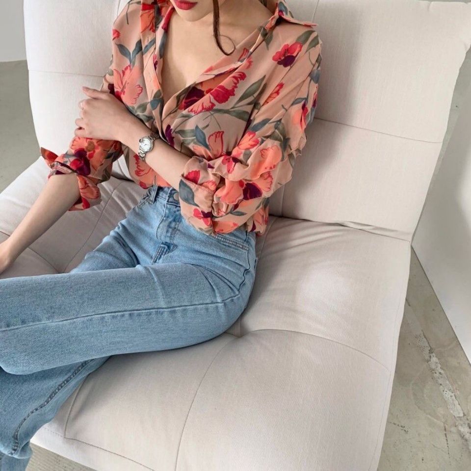 Áo Sơ Mi Voan Dài Tay In Hoa Xinh Xắn Dành Cho Nữ 2019 / Size 39t- Plus