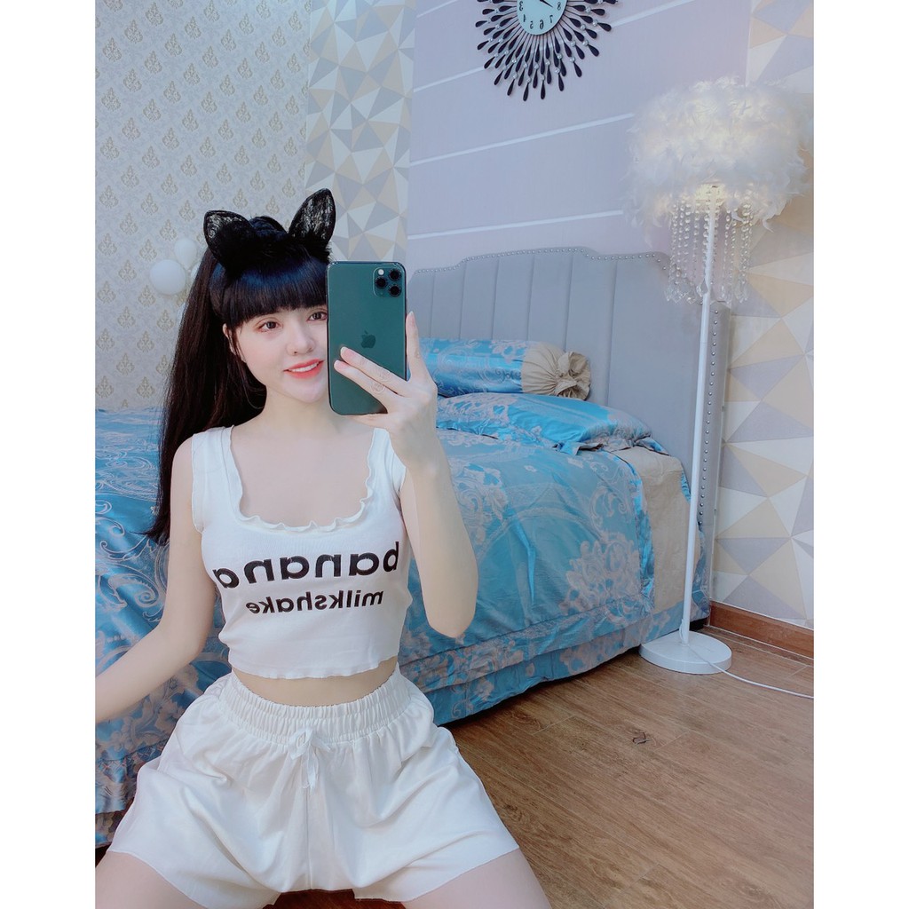 set bộ áo cuốn biên ba lỗ in banana quần short xinh xinh