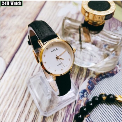 Đồng hồ đôi nam nữ Halei dây da đen mặt ngọc chính hãng Tony Watch 68