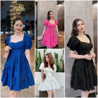 Đầm lụa xoè nhún tầng tay phồng