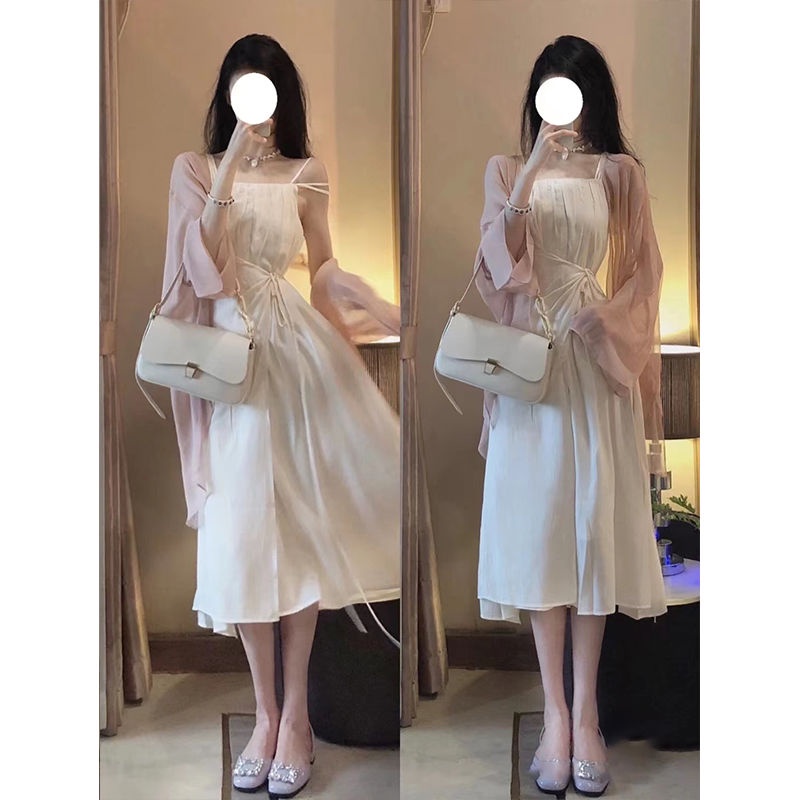 Bộ Áo Khoác Cardigan + Đầm Hai Dây Ôm Eo Thời Trang Mùa Hè Dành Cho Nữ 2022