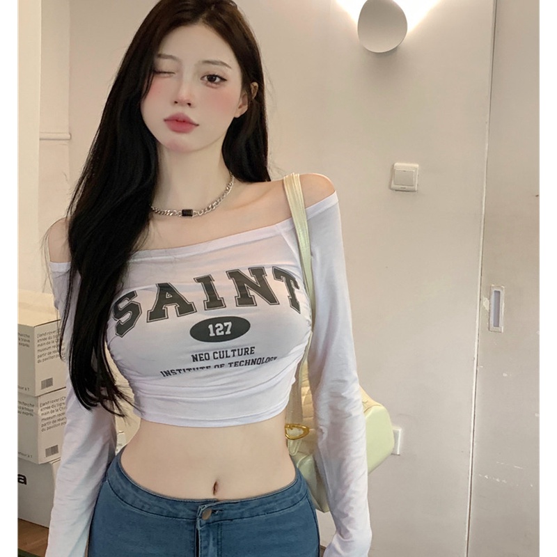 Áo Thun Tay Dài Trễ Vai In Chữ Thời Trang Dành Cho Nữ