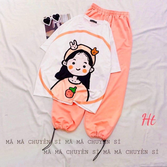 Sét áo cô gái nơ thỏ + quần bom cam HT12