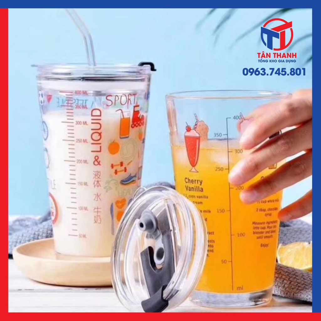Cốc thuỷ tinh 500ml có chia vạch , nắp chống tràn và nhiều hình cực ngộ nghĩnh