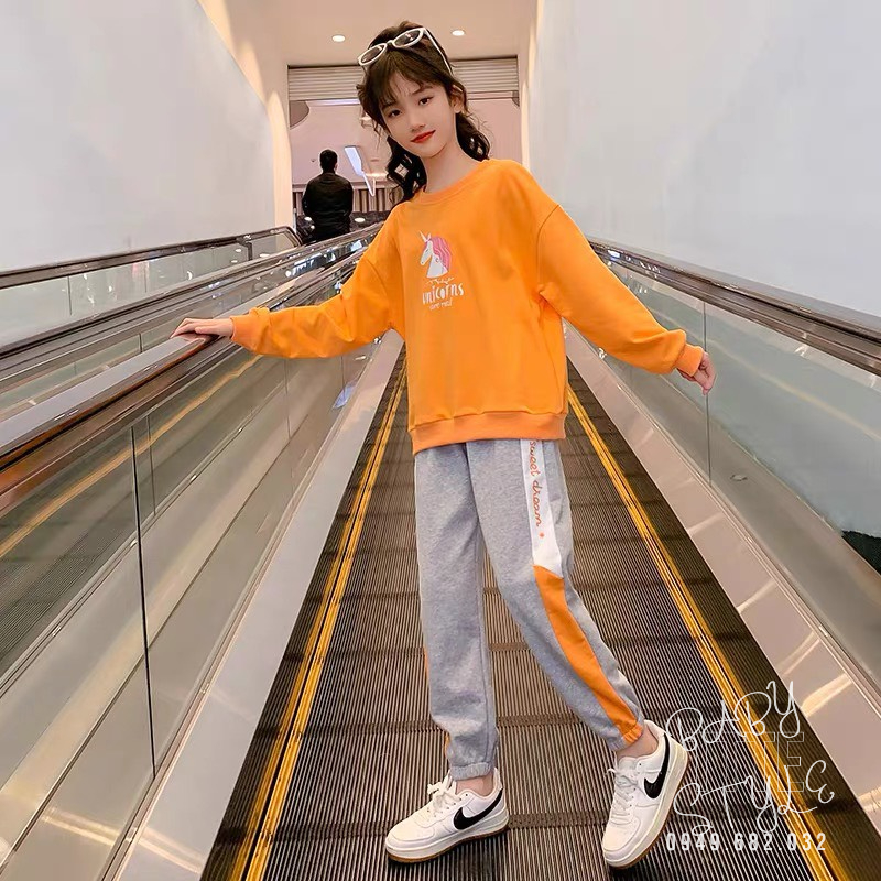 Bộ quần áo thu đông dài tay &quot;UNI&quot; 14-45kg cho bé gái 4-14 tuổi. Vải da cá dày dặn. Thoải mái. G45