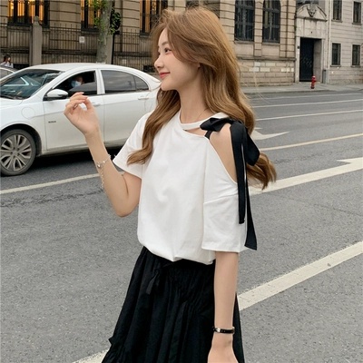 Áo Thun Tay Ngắn Hở Vai Thắt Nơ Phong Cách Hàn Quốc Dành Cho Nữ