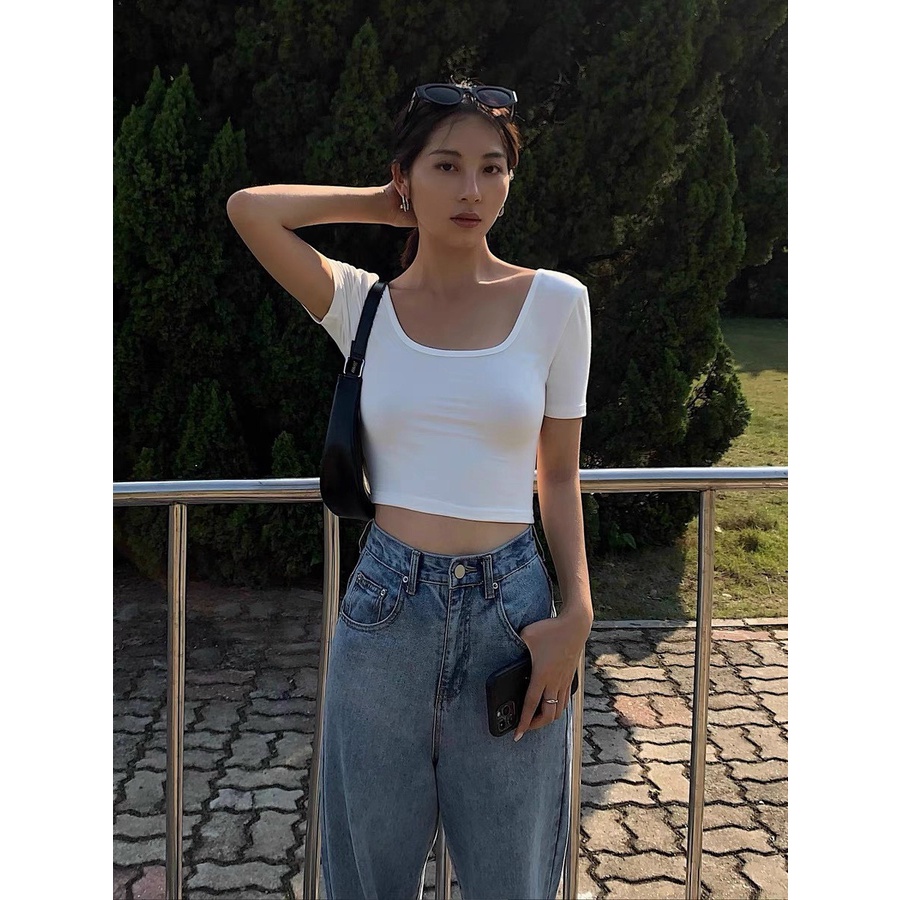 Áo bozip croptop trơn tay ngắn mặc được 2 kiểu siêu hot