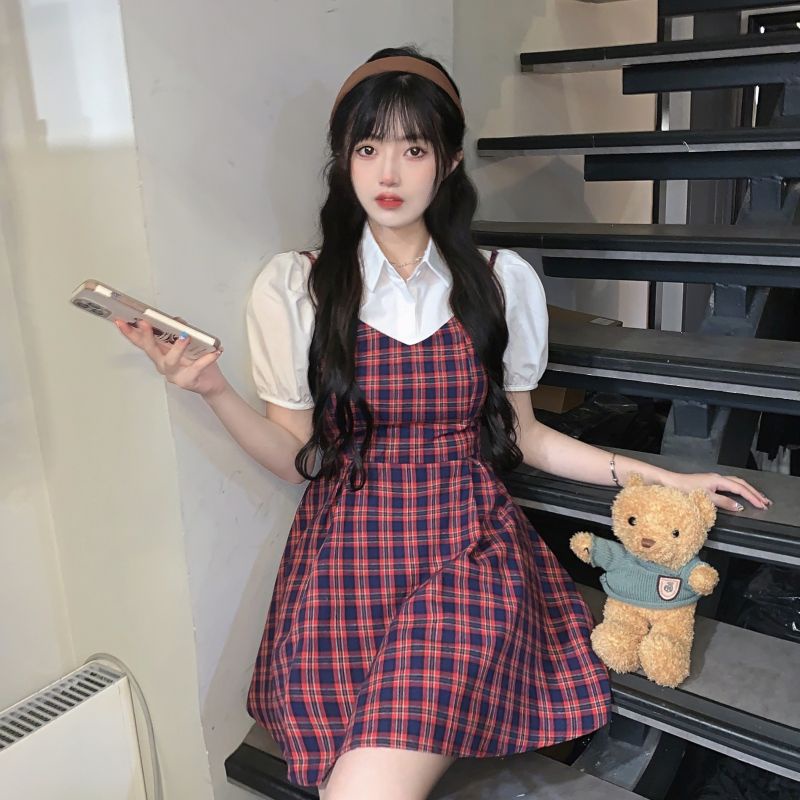 Đầm Tay Phồng Giả Hai Lớp Họa Tiết Sọc Caro Thời Trang Phong Cách Hàn Quốc Cho Nữ