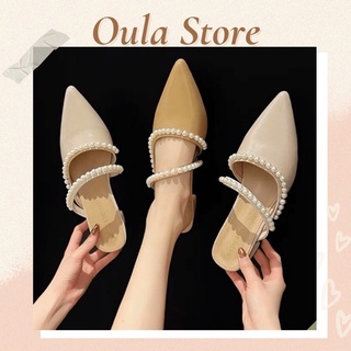 Giày sục nữ gót thấp mũi nhọn phối 2 dây chéo đính hạt ngọc bản nhỏ, SB26 - November House