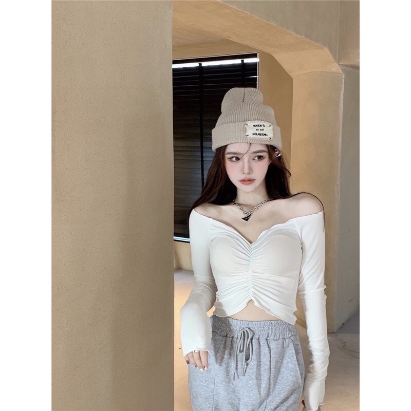 Áo thun tay dài trễ vai croptop dành cho nữ