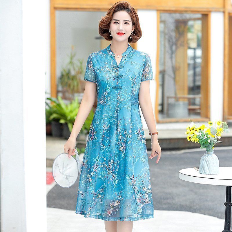 Đầm Sườn Xám Cách Tân Tay Ngắn Phong Cách Phương Tây Thời Trang Mùa Hè Mới Cho Phụ Nữ Trung Niên