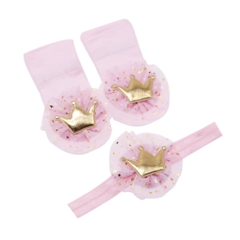 Set Băng Đô + Vớ Cotton Đính Vương Miện Phụ Kiện Chụp Hình Cho Bé