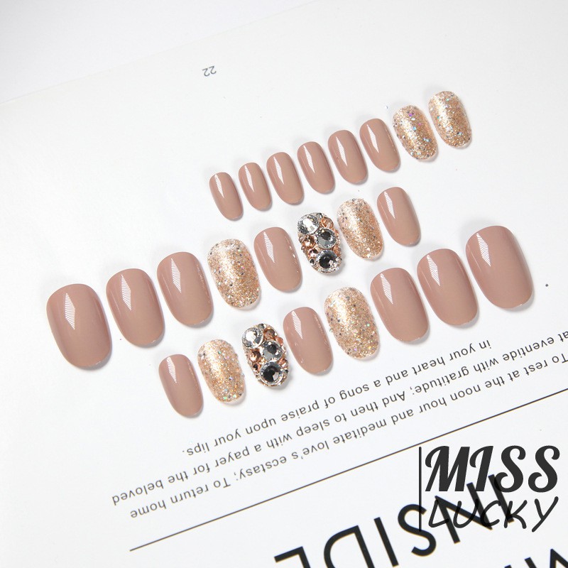 ❤HHN-VN 24 Piece Nude Color Ins Style Women Wearable Fake Nails with Diamond Short Round Full Cover