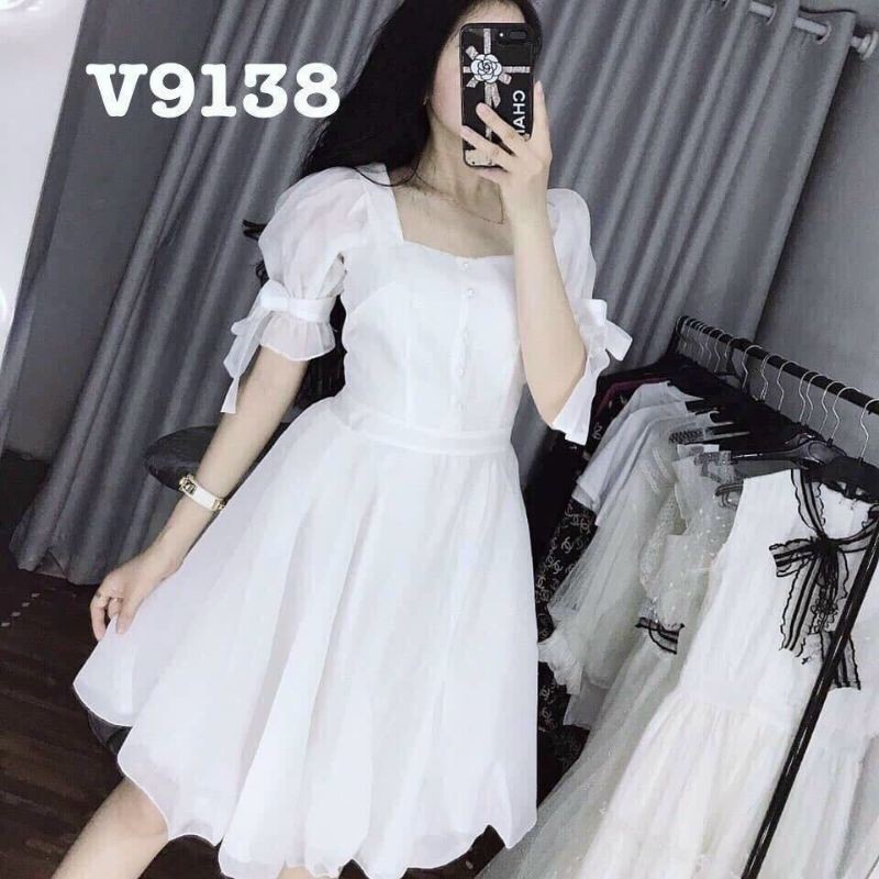 Đầm xòe cổ vuông tay lỡ buộc nơ xinh xắn