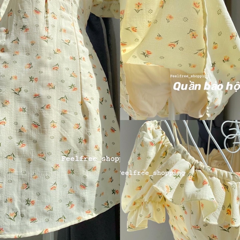 Váy Đầm Hoa Ngắn Tay Phồng Feelfree 2 Dây 2 Lớp Mặc Đi Học,Đi Chơi,Đi Làm,Đi Biển,Du Lịch  D082