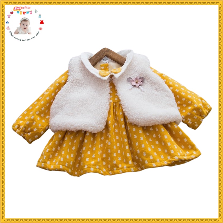 Váy mùa đông bé gái -Váy lót lông họa tiết thỏ kèm áo gile lông size 9-17kg SV16