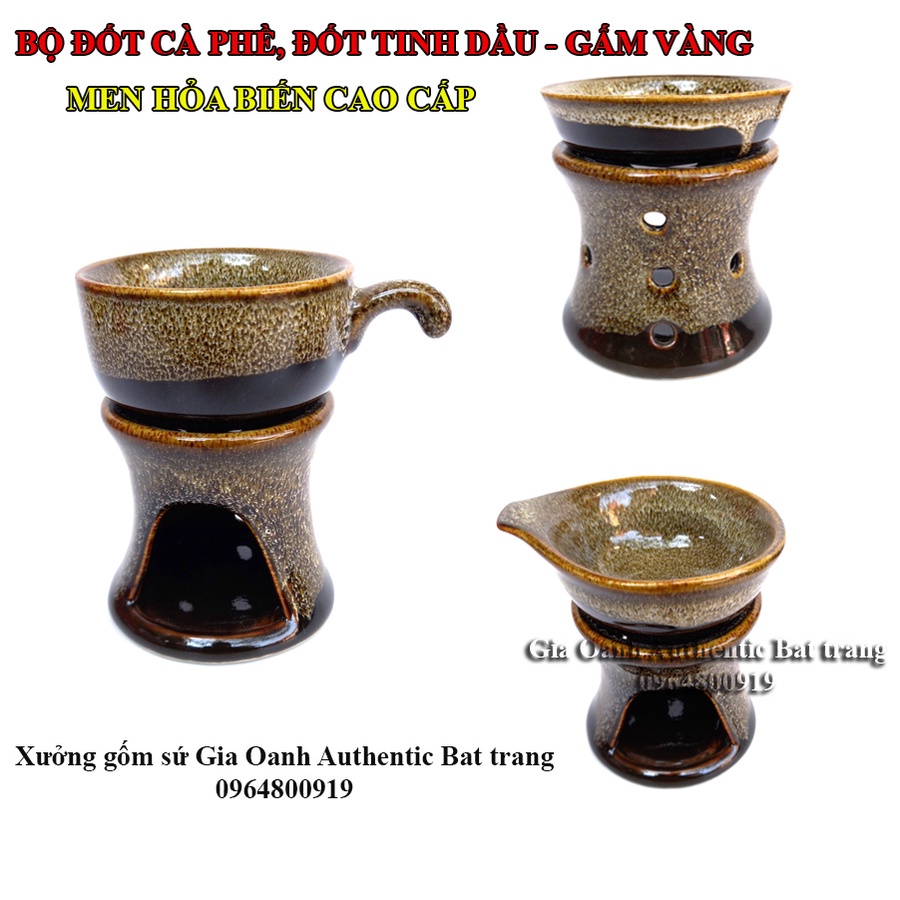 Bộ hâm nóng cà phê, đốt tinh dầu gốm sứ cao cấp gấm vàng Men Hỏa biến ĐẸP SANG TRỌNG -Xưởng Gia Oanh Authentic Bat trang