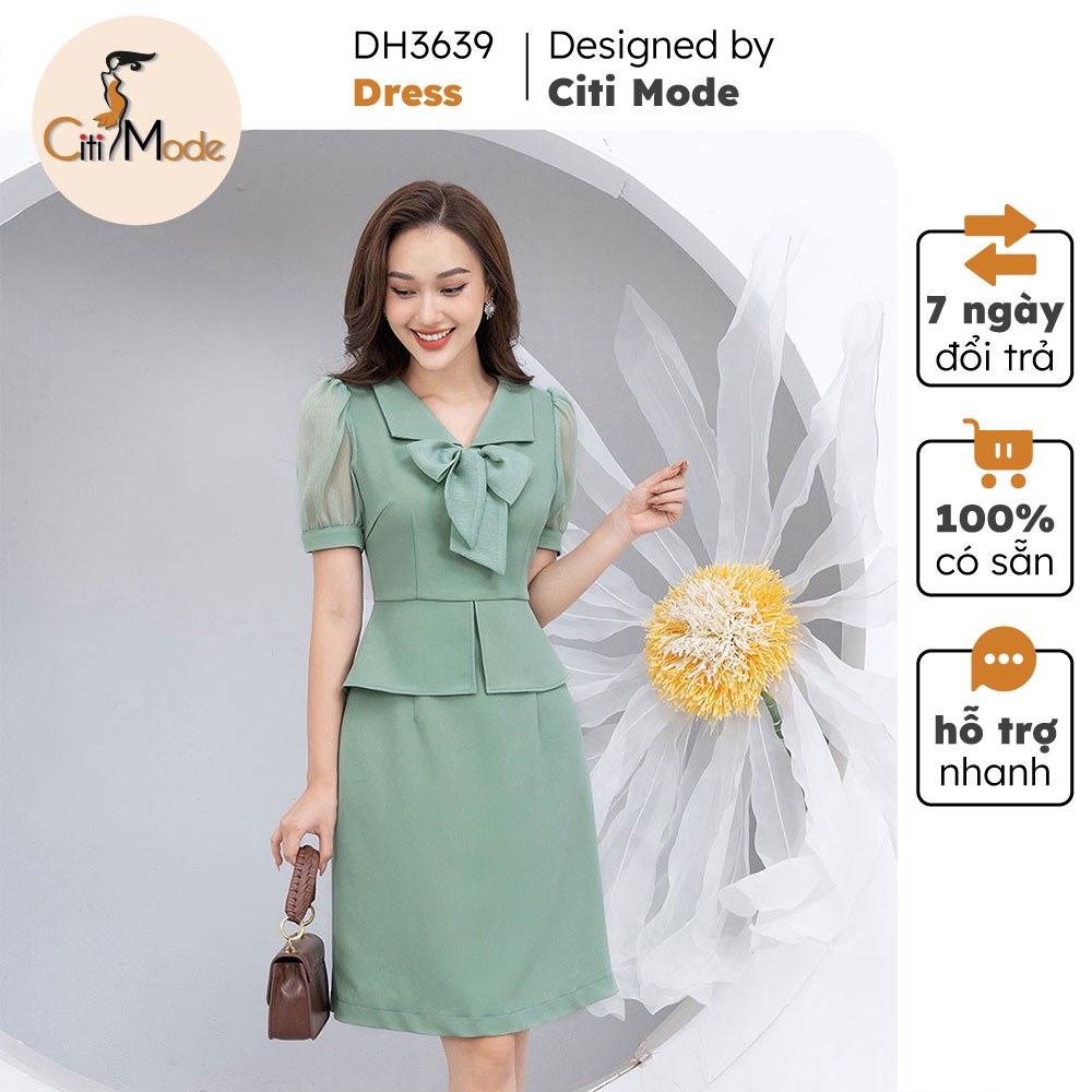 Đầm xòe xanh peplum công sở CITI MODE phối tay voan cổ nơ DH3639
