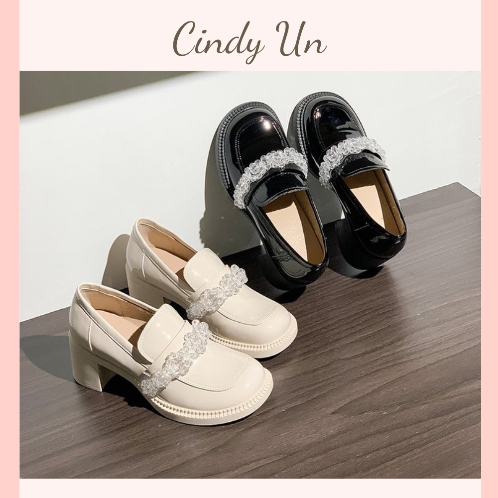 Giày gót vuông da bóng mềm , đính đá lấp lánh Cindy Un