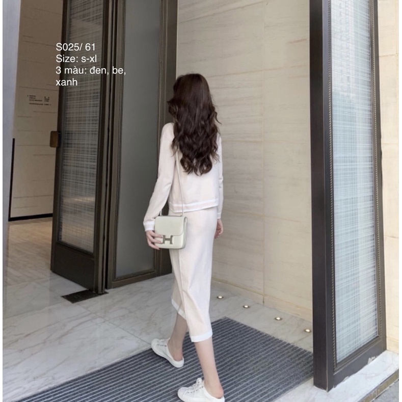 👉 Set Cardigan len mỏng cổ V nút cúc phối sọc viền + chân váy len tăm dáng dài