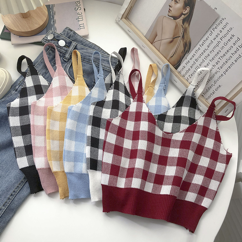 Áo sát nách cổ chữ V họa tiết kẻ ca rô trẻ trung cho nữ