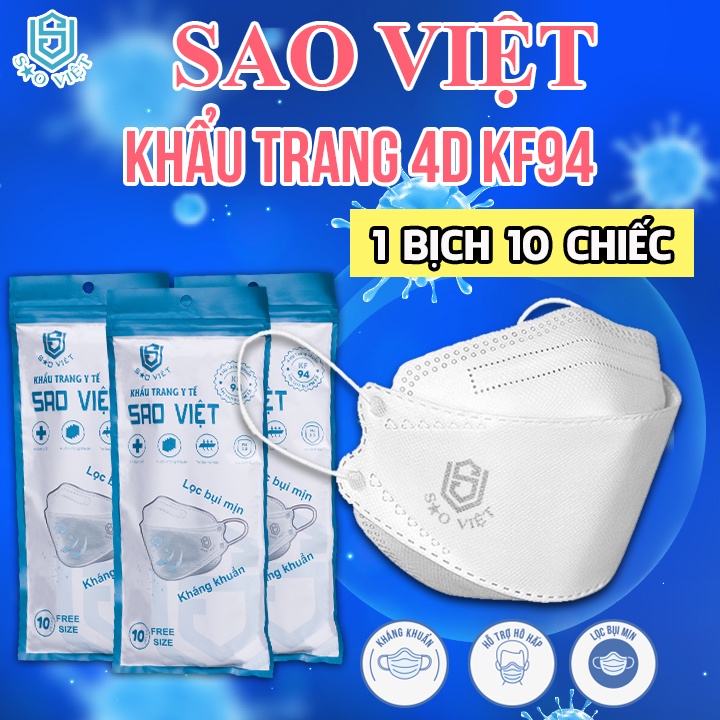 Khẩu trang 4D Sao Việt KF94 cao cấp chuẩn y tế kháng khuẩn và lọc bụi - Hàng Chính Hãng - Bịch 10 chiếc