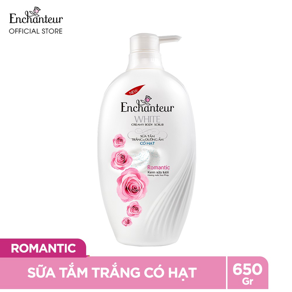 Sữa tắm trắng và dưỡng ẩm có hạt Enchanteur Romantic white creamy body scrub 650gr