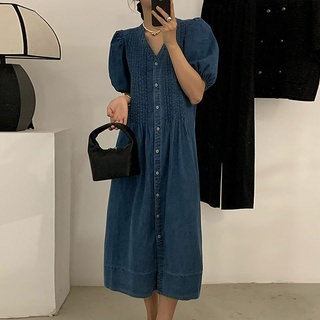 Váy bầu công sở mùa hè MA1023 Đầm bầu thiết kế suông tầng chất vải bò mặc được sau sinh