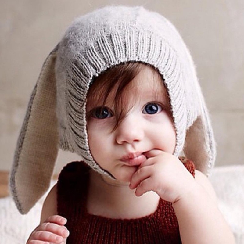 Mũ Beanie Dệt Kim Phối Tai Thỏ Dễ Thương Giữ Ấm Cho Bé Trai Và Gái