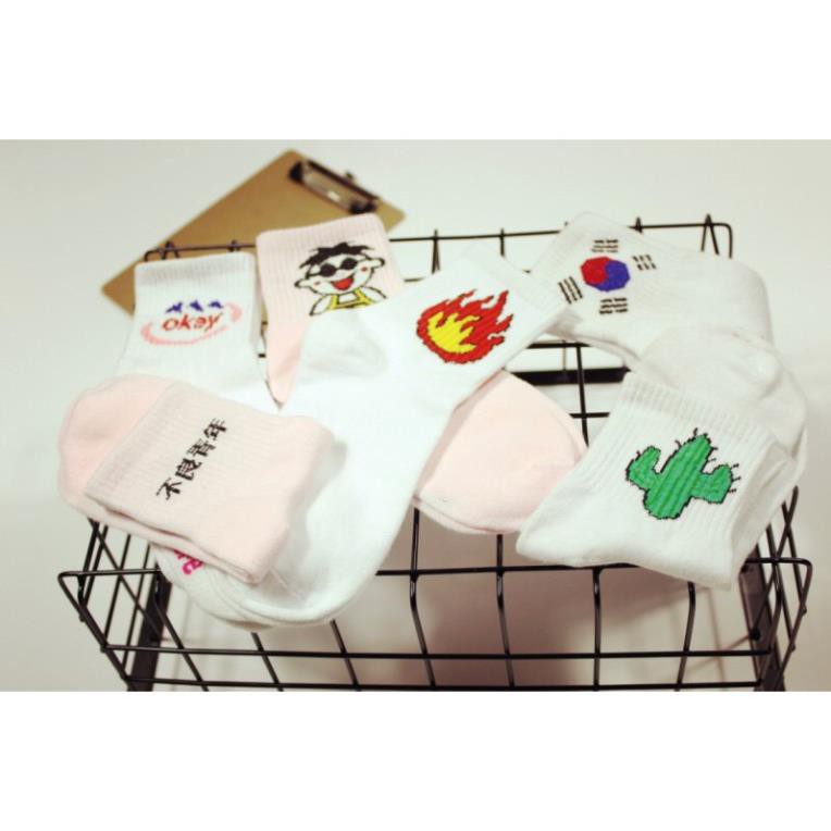 Tất cổ cao Màu trơn In hình hoạt hình Dễ thương Cute Tất gân cao cổ trơn Chất Cotton