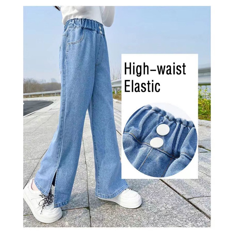 Quần Jean Ống Rộng Lưng Cao Co Giãn 100-160cm Dành Cho Bé Gái 3-14 Tuổi