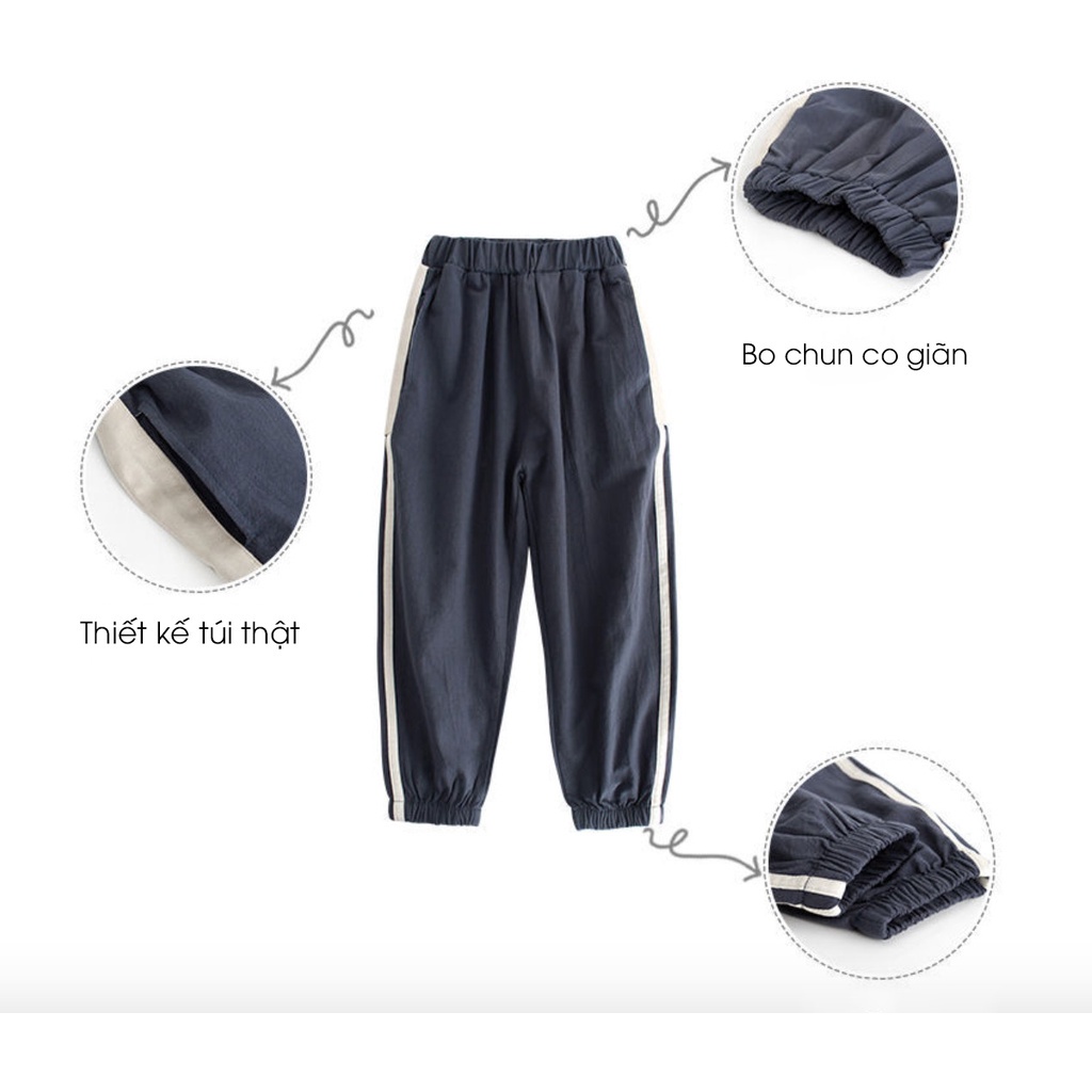 (MUA 2 QUẦN TẶNG 1 ÁO THUN CỘC TAY SIZE ĐẠI) Quần jogger đũi dài sọc viền VEMZKIDS cho bé trai bé gái (19-53kg)